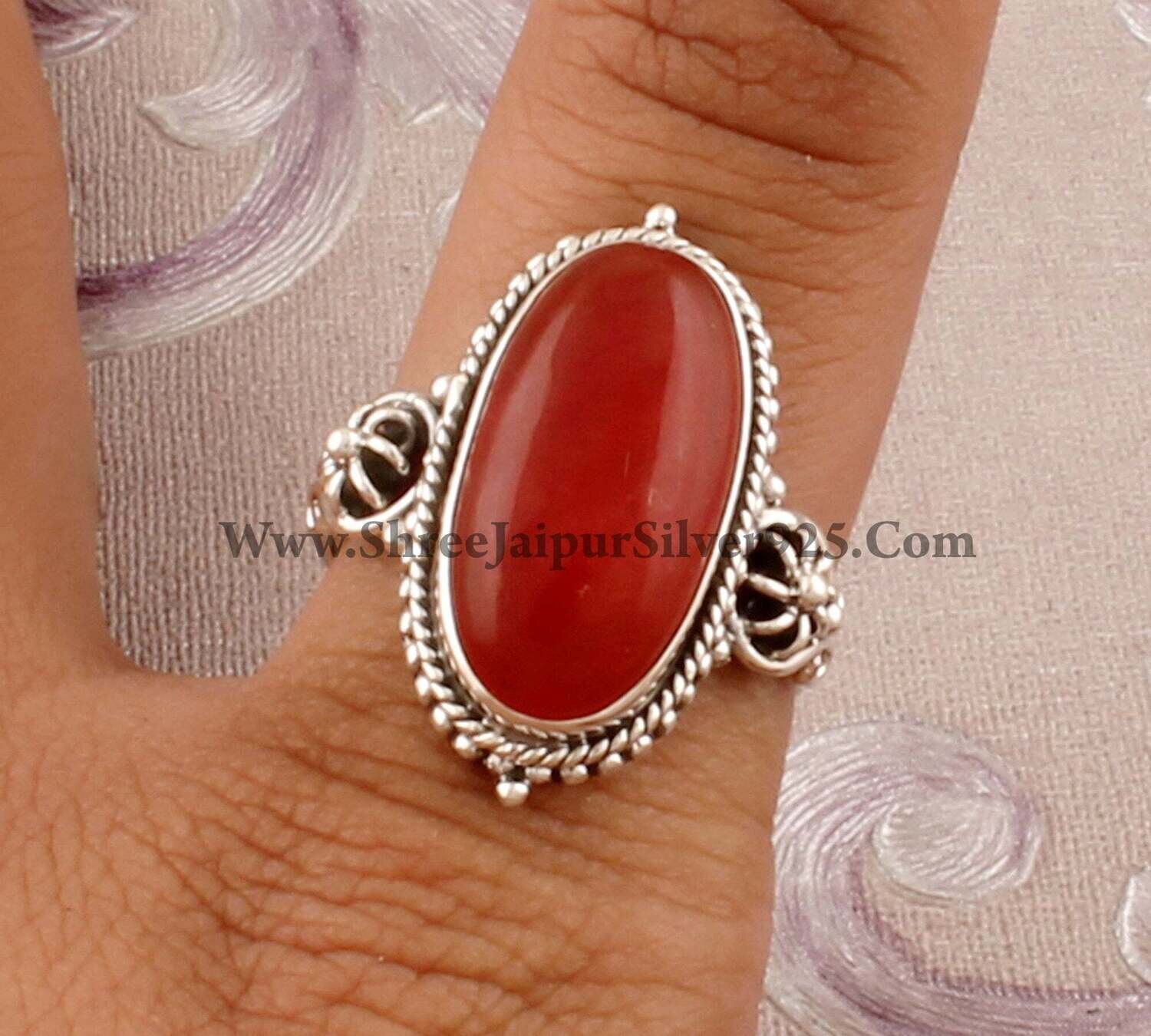 Red Jade Solid 925 Sterling Silver Ring For Women, Oval Jade Gemstone Ring For Her, Boho Silver Handmade Ring For Wedding Anniversary Gift