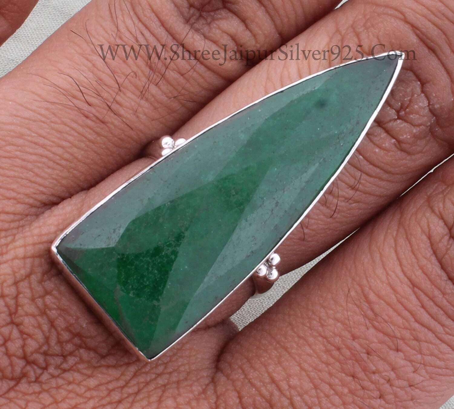 Green Jade Solid 925 Sterling Silver Ring For Women, Handmade Dagger Shape Gemstone Silver Band Ring For Wedding Anniversary Gift For Women