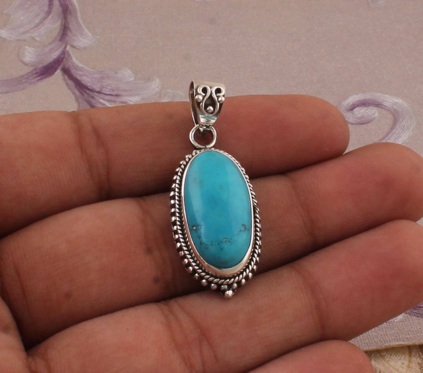 925 Sterling Silver Sleeping Beauty Turquoise Pendants For Women Blue Oval Cabochon Handmade Gemstone Silver Jewelry Celtic Rustic Mom Gifts