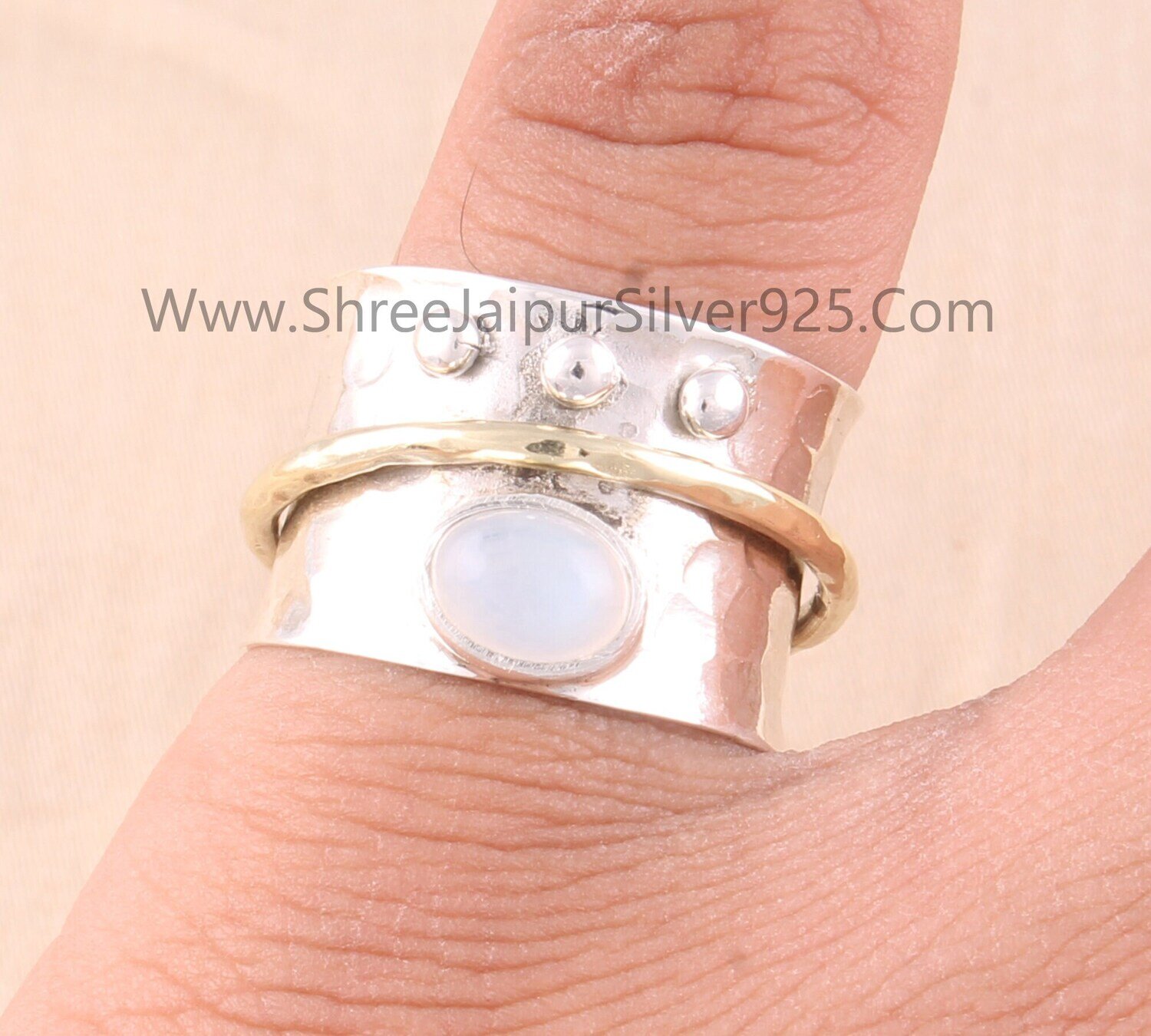 Rainbow Moonstone Solid 925 Sterling Silver Spinner Ring For Women, Handmade Oval Meditation Wedding Ring Boho Worry Anxiety Ring Gift Idea