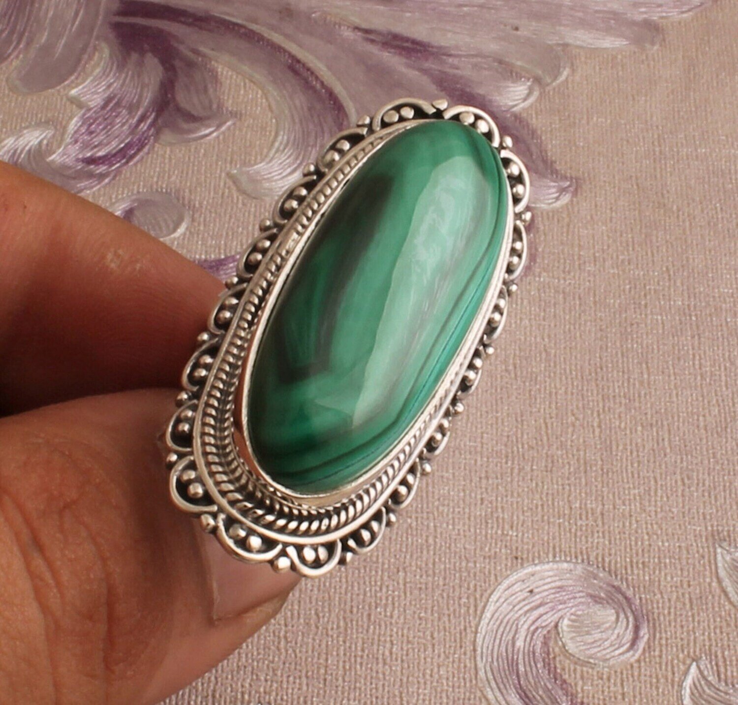 Malachite Silver Ring, 925 Sterling Silver Oval Shape Gemstones Ring, Designer Silver Ring, Handcrafted Ring, Engagement Ring, Gift For Her