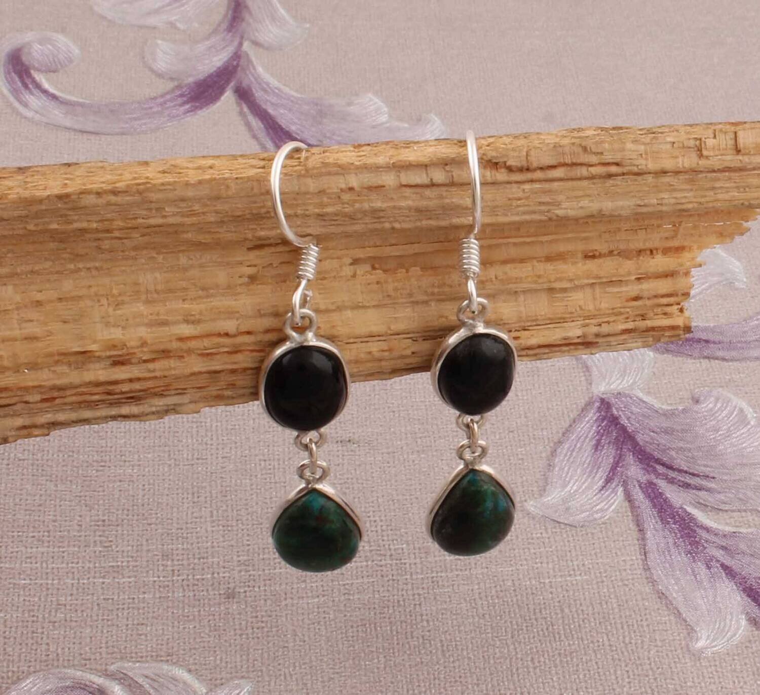 Combo Gemstone Earring Black Onyx+Composite Turquoise Gemstone Earring 925-Sterling Silver Earring Big Size Earring Gift For Her Earring