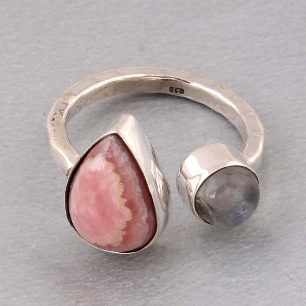 Silver Ring 925 sterling silver ring #6 #7 #8 #9 sizewith Rhosocrosite and rainbowmoon gemstone # adjustabel size Antique SilverCyber2021