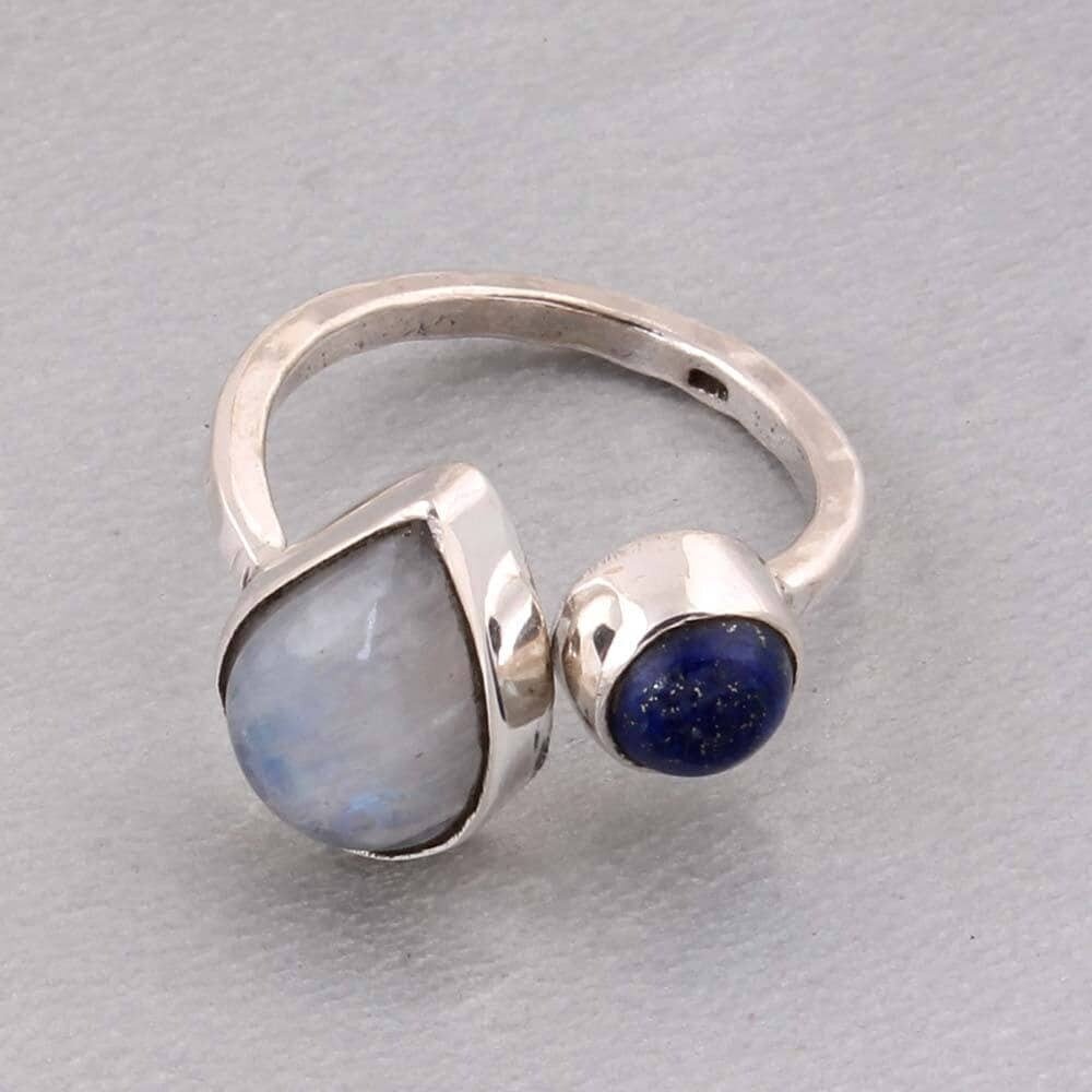 Natural Rainbow Moonstone Pear &amp; Lapis Lazuli Round Adjustable Ring For Women Wedding Anniversary Engagement Gifts IdeaBirthstone