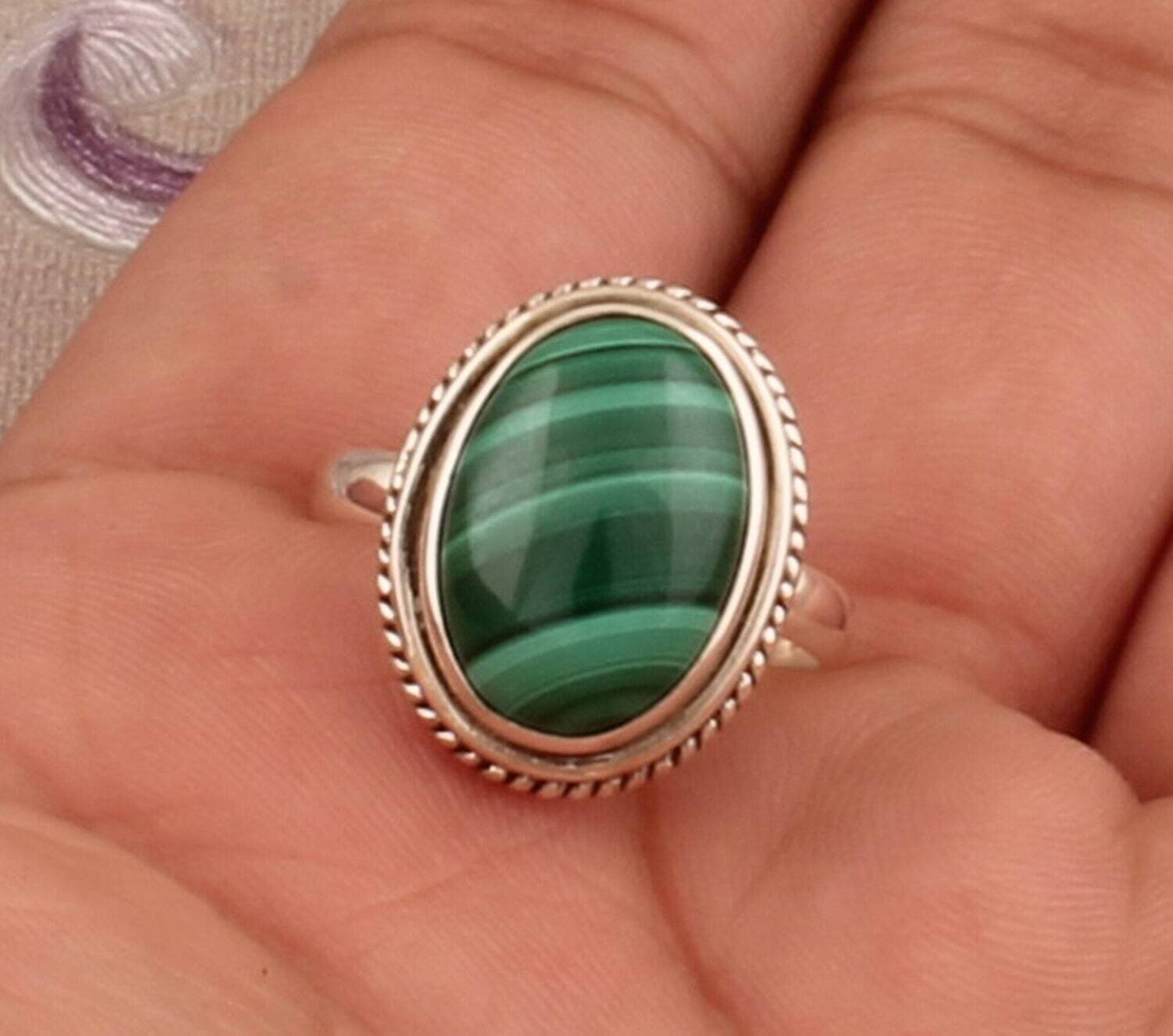 925 Sterling Silver Natural Malachite Oval Gemstone Ring, Designer Handmade Carved Silver Ring, Women Jewelry Gift For Her