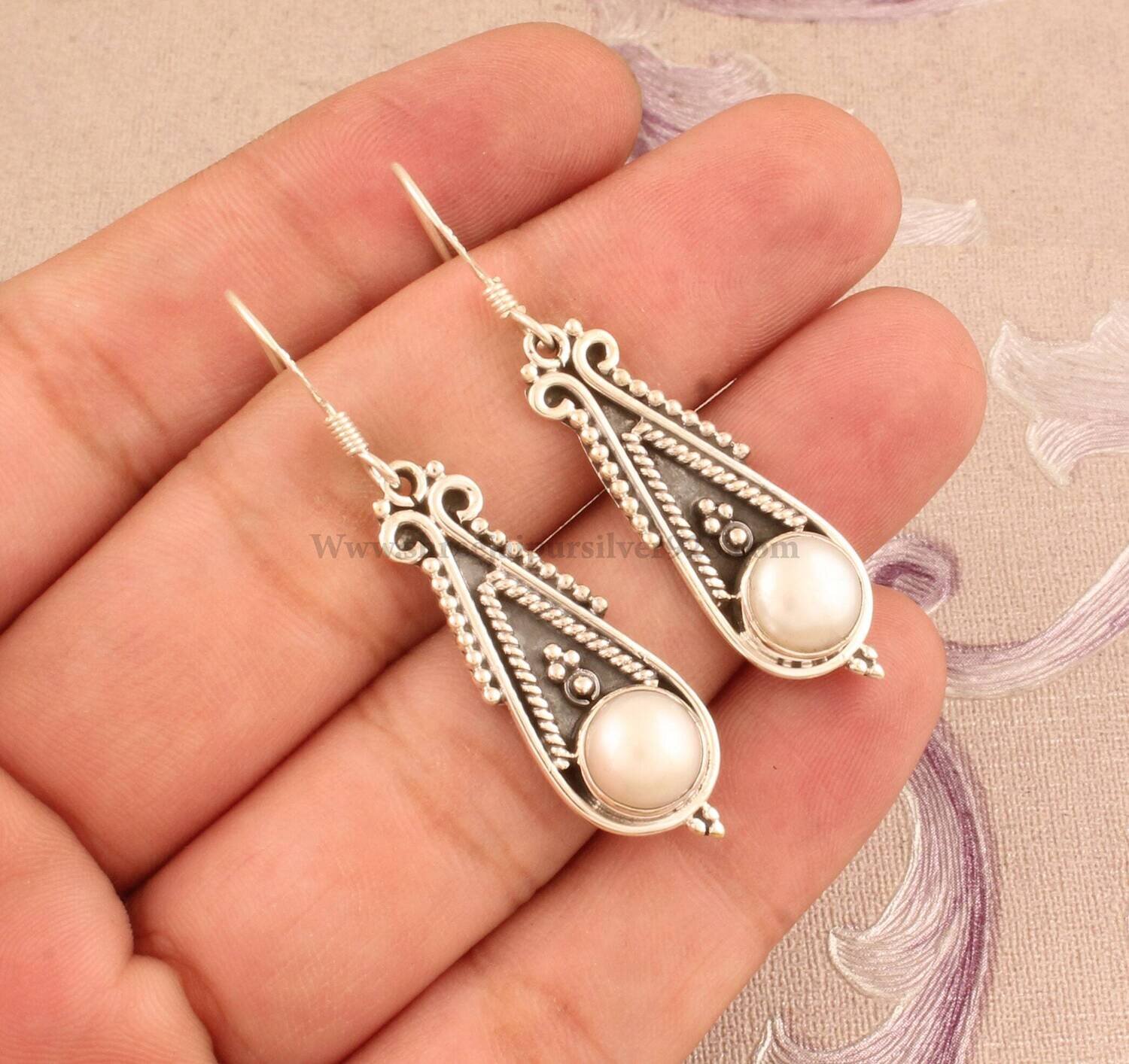 Bridesmaid Pearl Solid 925 Sterling Silver Earrings For Women, Handmade Bridal Round Pearl Indian Earrings For Wedding Anniversary Gift Idea