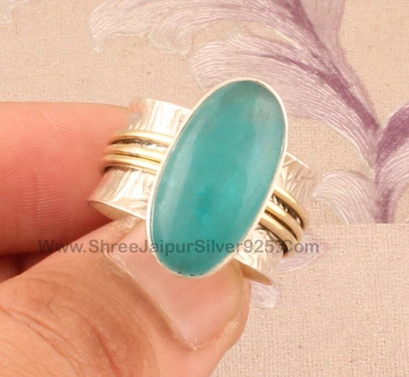 Natural Appetite Blue Jade Oval Gemstone Spinner Ring, Solid 925 Sterling &amp; Brass Silver Ring, Handmade Two Tone Meditation Ring, Worry Ring