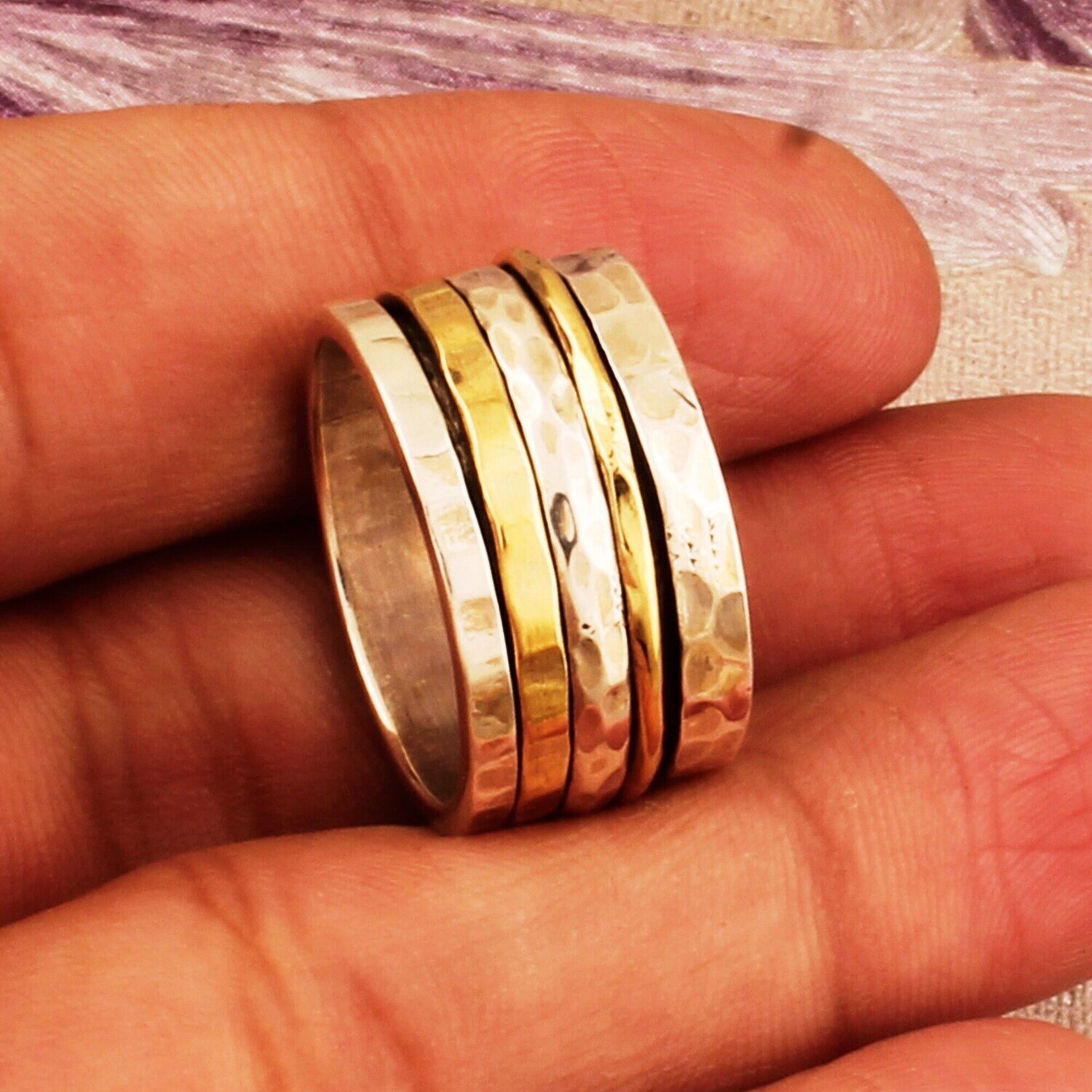 Thumb Ring 925-Sterling Silver Ring, Spinner Ring Two Tone Ring, Antique Silver Ring Silver &amp; Brass Ring Boho Gift Item Spinner Ring