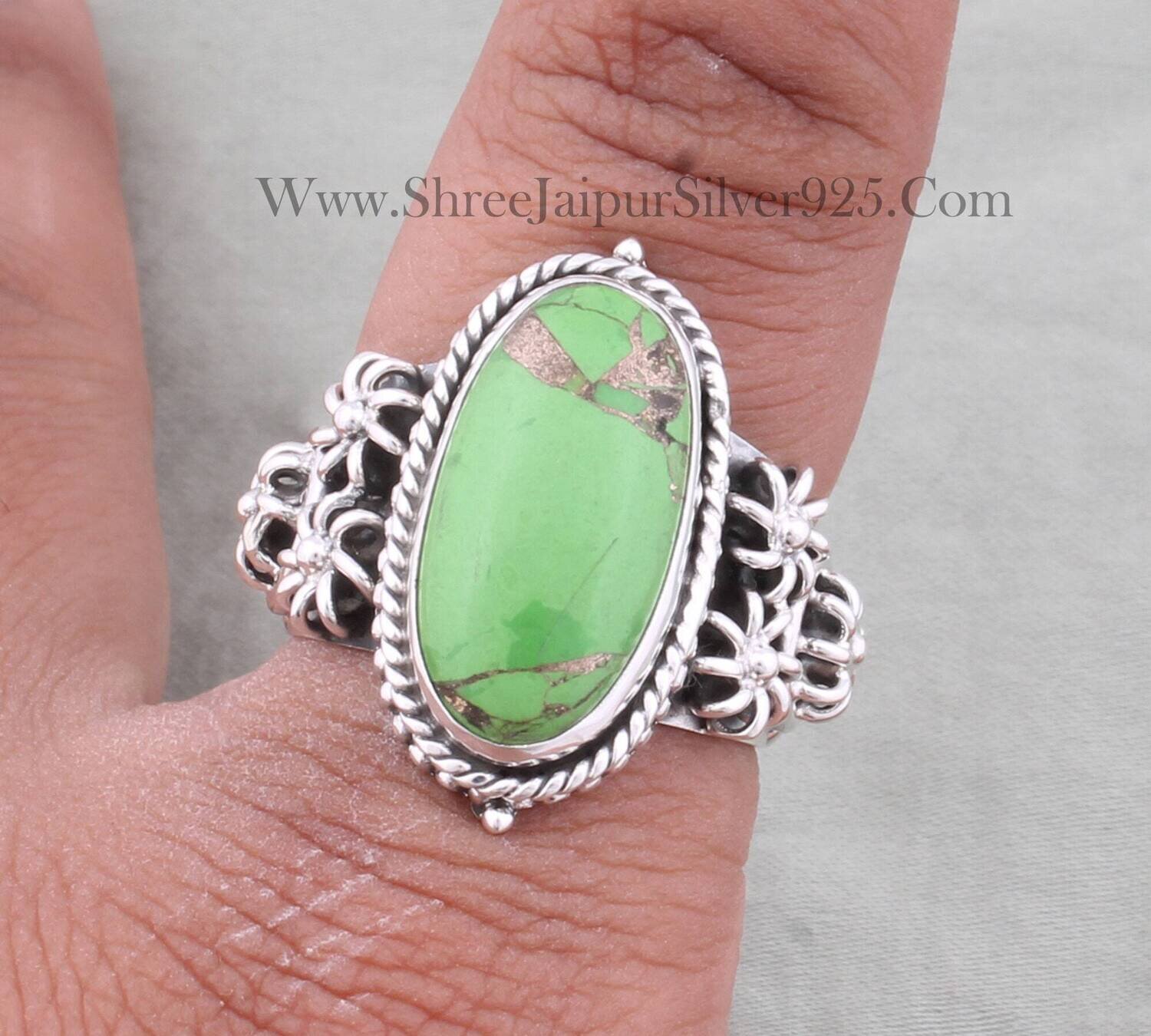 Flower Composite Green Copper Turquoise 925 Sterling Silver Ring, Oxidized Handmade Jewelry Gift For Girls, Christmas Gifts For Idea