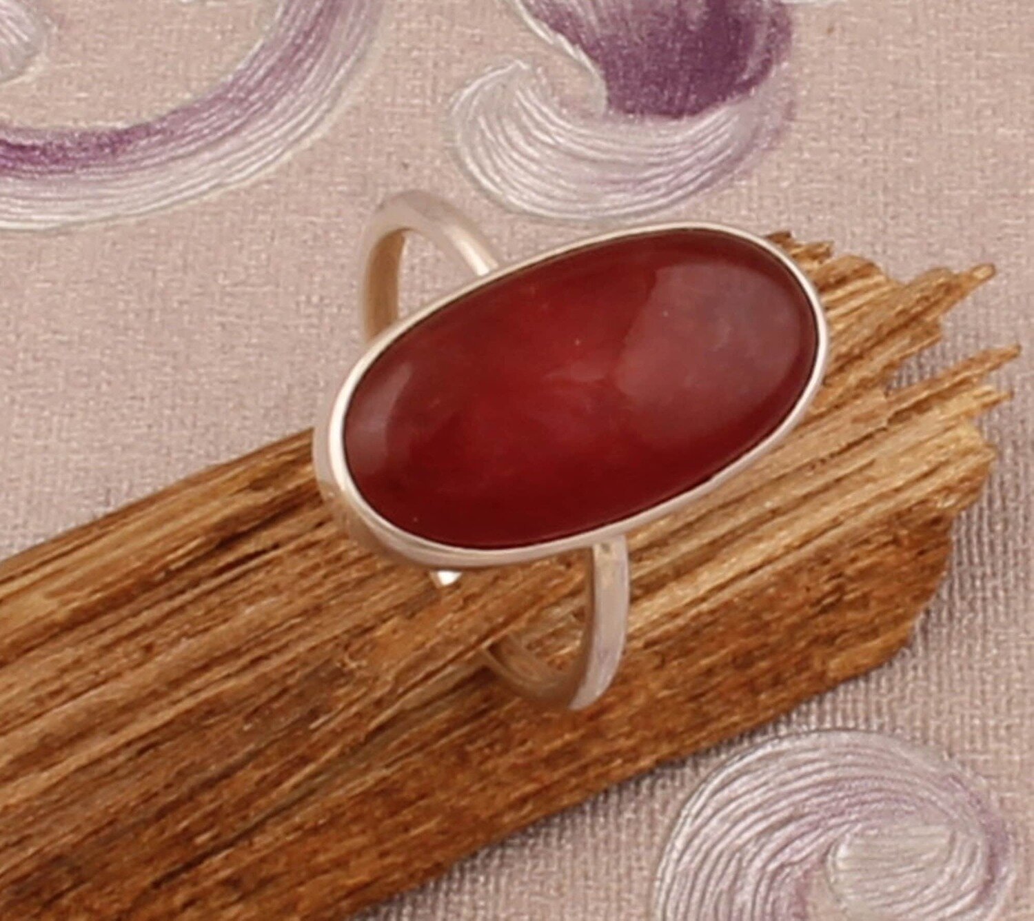 925 Sterling Silver Rings For Women, Natural Red Jade Ring, Oval Cabochon Handmade Gemstone, Engagement, Vintage, Dainty, Boho, Gift For Mom