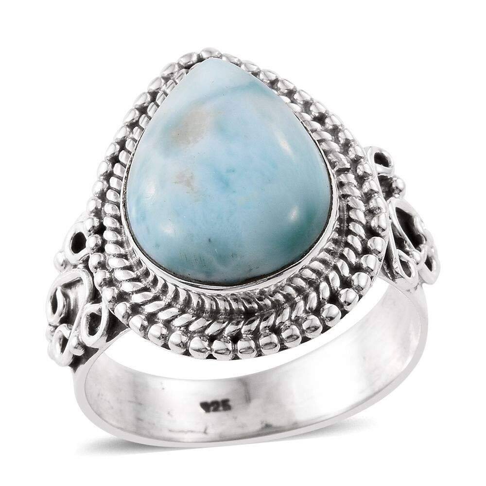 Boho Design Larimar Ring Solid 925 Sterling Silver Ring Natural Larimar Gemstone Ring Cabochon & Pear Shape Ring Handmade+Charm Rings (Ring