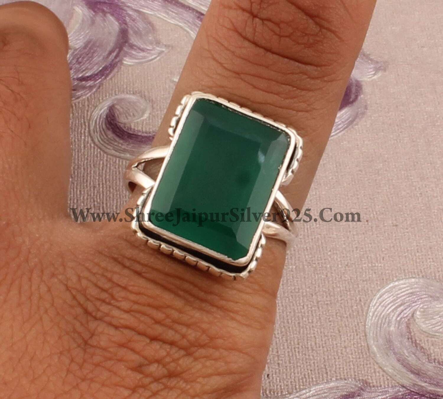925 Sterling Silver Green Onyx Rectangle Ring For Women, Handmade Onyx Gemstone Silver Ring For Her, Faceted Onyx Ring For Bridesmaid Gift