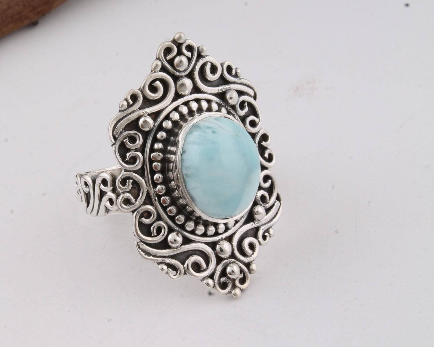 Hot Selling Piece Natural Amazing 925-Silver Sterling Ring Larimar Handmade Ring AAA+ Quality Sky Blue Color Stone And Silver Color Ring Gem