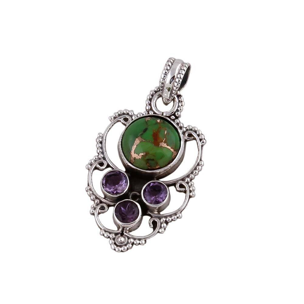 Solid 925 Sterling Silver Green Copper Turquoise &amp; Amethyst Gemstone Necklace Pendent For Women Wedding Anniversary Gifts IdeaBirthstone