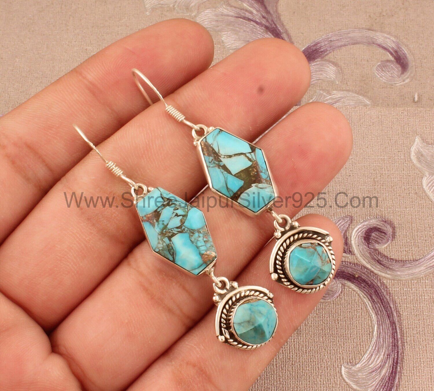Blue Copper Turquoise Two Stone Earrings, Solid 925 Sterling Silver Earrings For Women, Handmade Silver Earring For Wedding Anniversary Gift