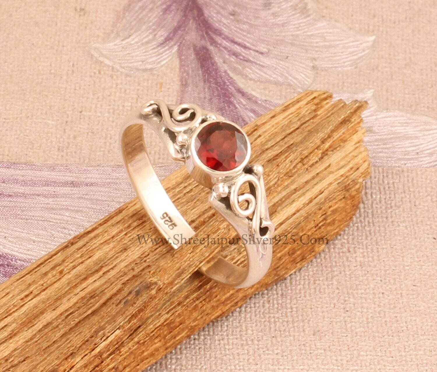 Round Cut Red Garnet Tiny Stone Solid 925 Sterling Silver Ring For Women, Handmade Dainty Vintage Design Ring For Wedding Anniversary Gift