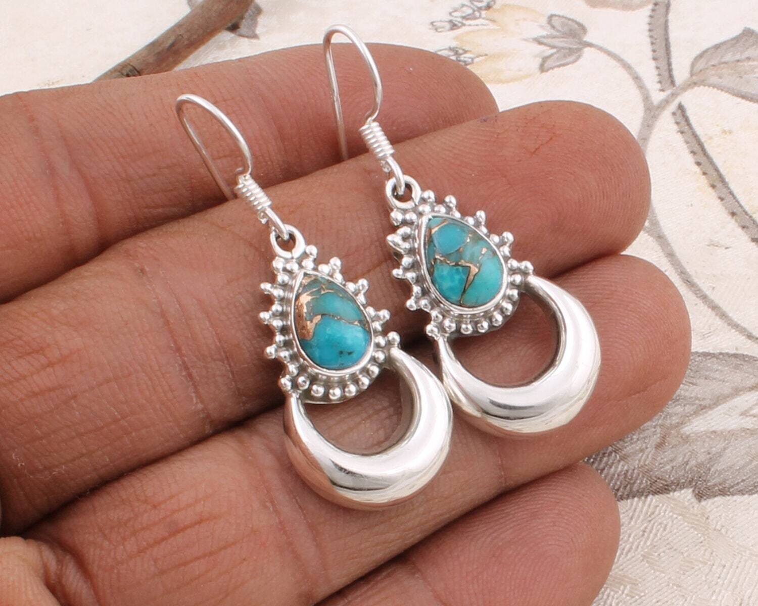 Turquoise Earrings Sterling Silver Gift for Her AAA+Quality Gemstone Earring Handcrafted Boho EarringCyber2021Bestseller2021EtsyBirthstone