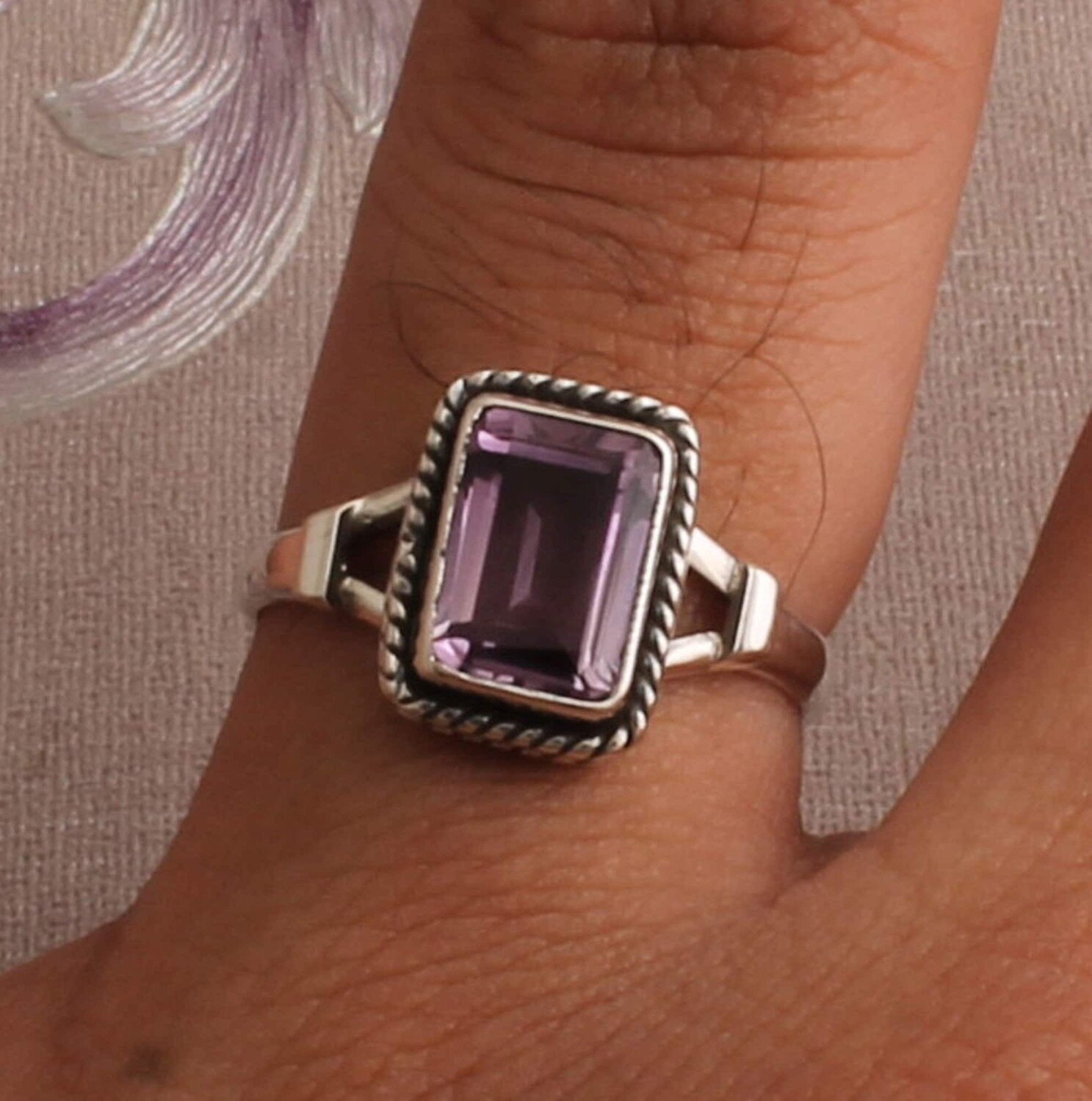 Purple Amethyst Silver Ring, 925 Sterling Silver Rectangle Shape Gemstone Ring, Designer Ring, Handcrafted Ring, Engagement Ring, Gift Idea