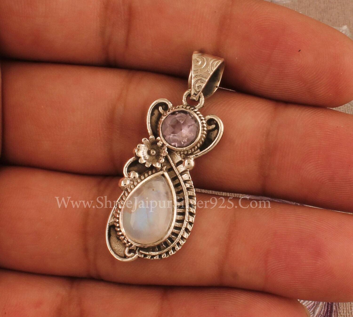 Natural Amethyst &amp; Rainbow Moonstone Solid 925 Sterling Silver Necklace Pendant For Women, Handmade Engraved Pendant For Wedding Anniversary