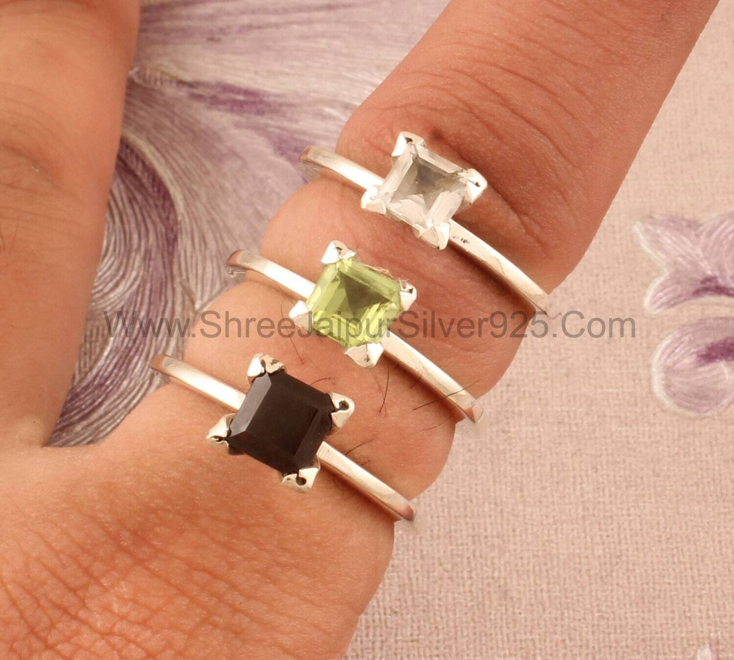 Multi Stones Rings Square Cut Prong Set Stone Solid 925 Sterling Silver Ring For Women, Handmade Prong Set Ring For Wedding Anniversary Gift