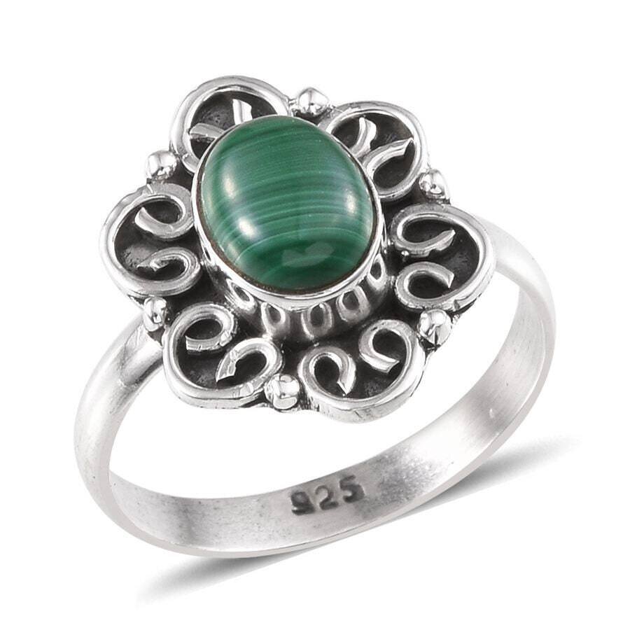 Malachite Oval Shape Gemstone Silver Ring, 925 Sterling Silver Ring, Designer Flower Gemstone Ring, Engagement Ring, Gift For HerBirthstone