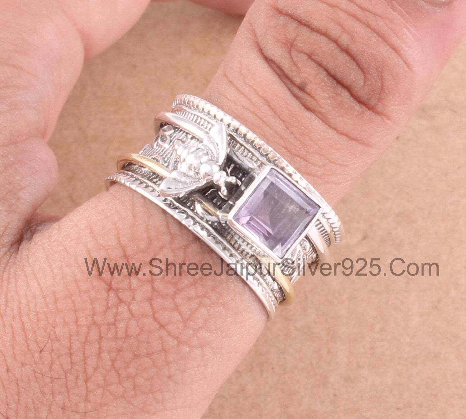 Amethyst Solid 925 Sterling Silver Spinner Women Ring, Handmade Silver Honey Bee Amethyst Ring For Wedding Anniversary Gift IdeaBirthstone