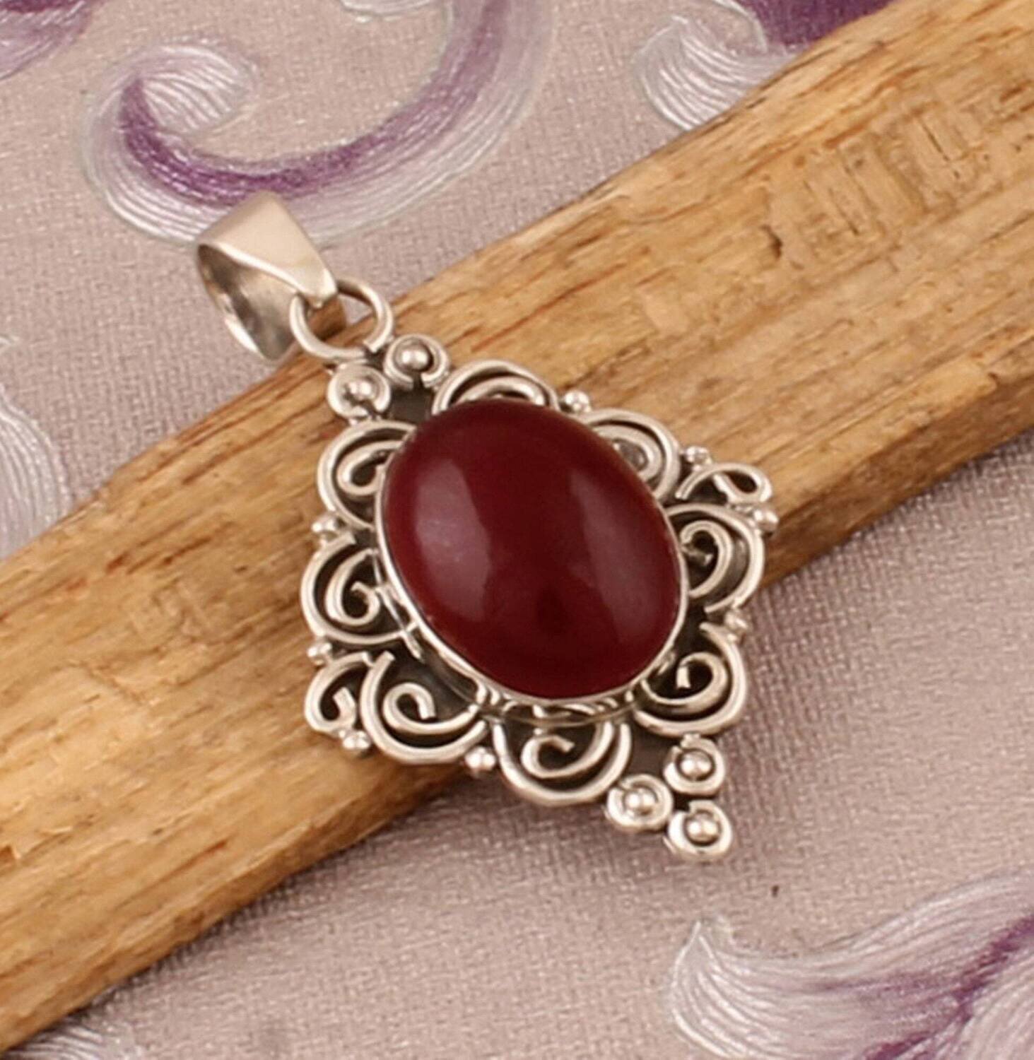 Ruby Jade Silver Pendant, 925 Sterling Silver Pendant, Designer Spiral Pendant, Oval Gemstone Pendant, Handmade Gemstone, Christmas Gift