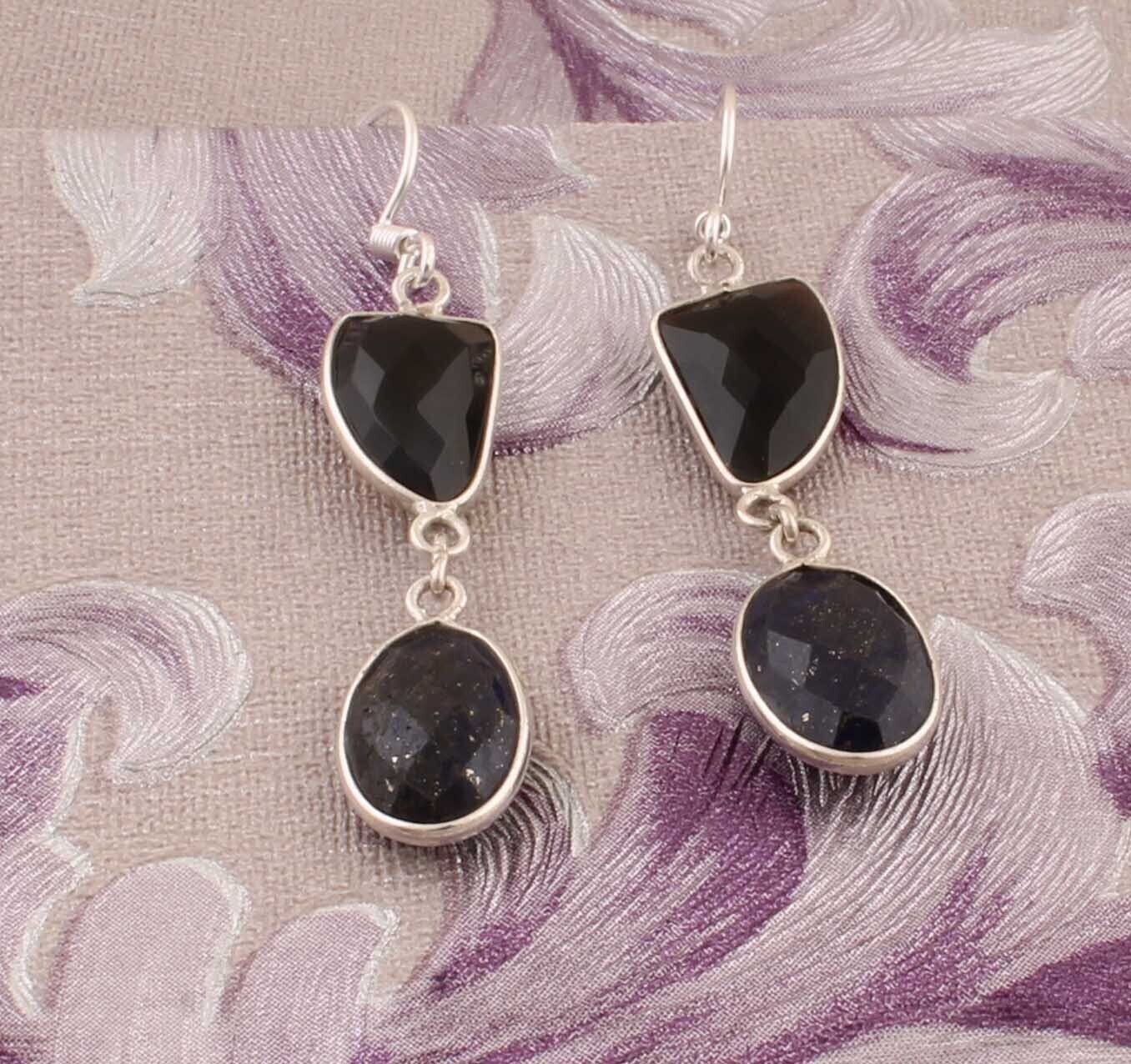 Black Onyx &amp; Lapis Lazuli Solid 925 Sterling Silver Earrings For Women, Handmade Silver Bezel Set Two Stone Earrings For Wedding Gift Idea