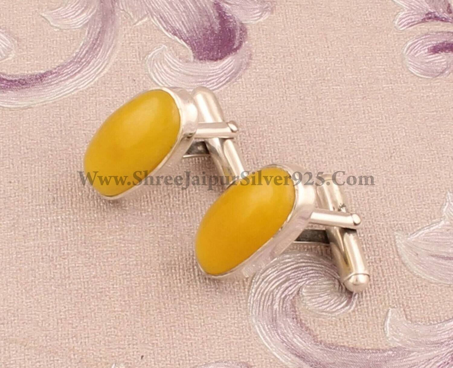 Silver Men's Cufflink, Yellow Jade Cufflink, 925 Sterling Silver Cufflink, Oval Gemstone Cufflink, Silver Handmade Cufflink, Gift For Him