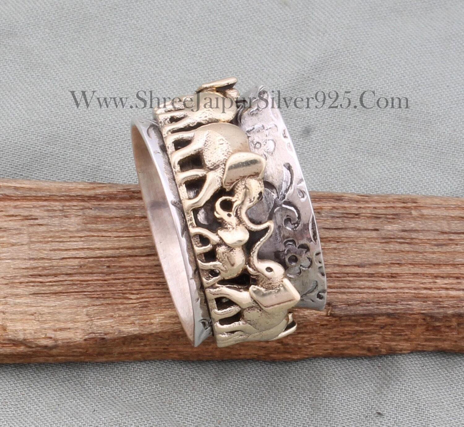 Elephant Family Ring,Thumb Ring 925-Sterling Solid Silver Ring,Spinner Ring,Antique Silver Ring,Silver &amp; Brass Ring,Ring Gift For Him