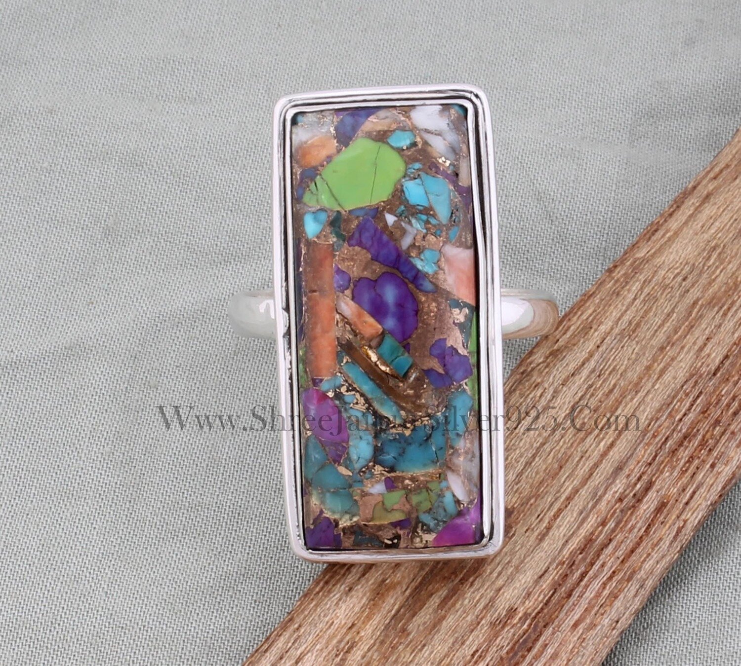 Mix Copper Turquoise Solid 925 Sterling Silver Ring For Women, Handmade Rectangle Bar Stone Ring For Wedding Anniversary Gift For Her