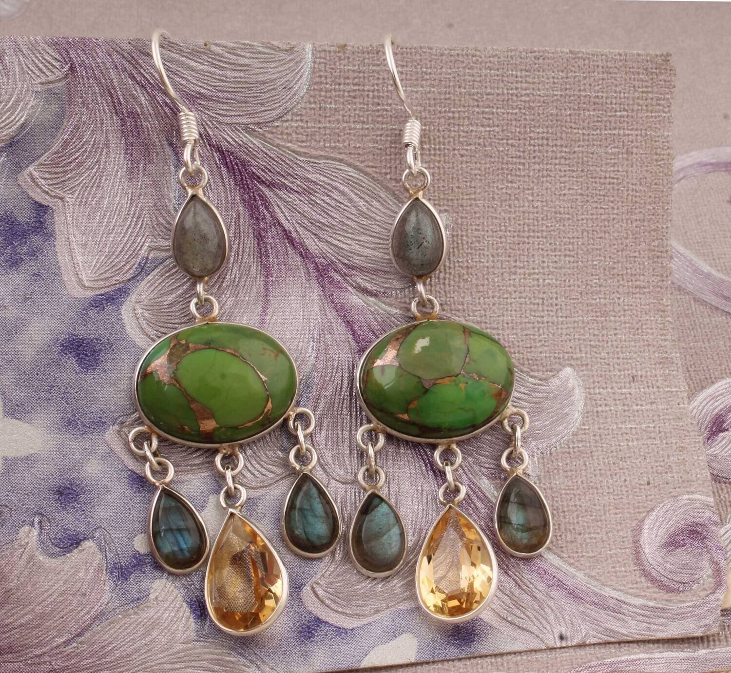 Combo Gemstone Earring Composite Turquoise+Labradorite+Citrine Gemstone Earring 925-Sterling Silver Earring Big Size Earring Gift For Her