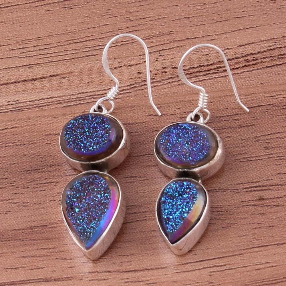 925 Sterling Silver Titanium Druzy Gemstone Earrings, Designer Handmade Jewelry, Anniversary Wedding Gifts For Her, Christmas Gifts