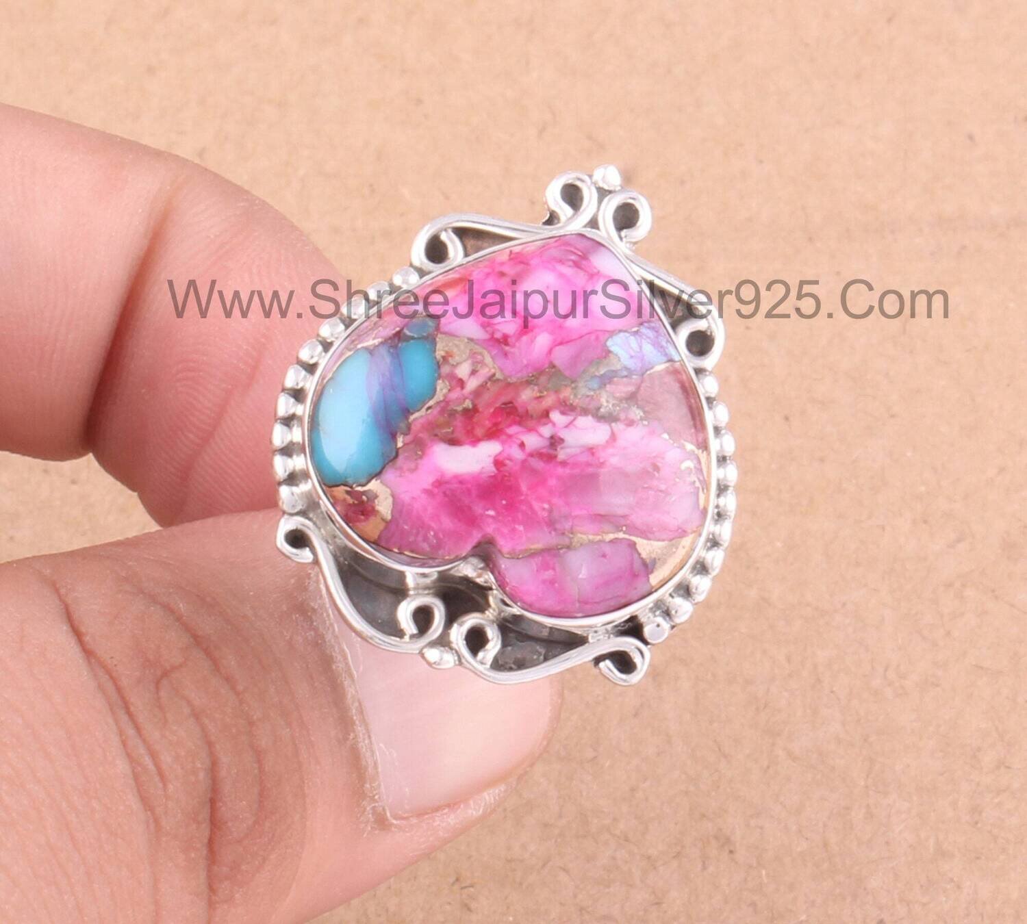 Oyster Heart Shape Gemstone Ring For Her, Oyster Copper Turquoise Solid 925 Sterling Antiqued Silver Ring For Women GiftBirthstone