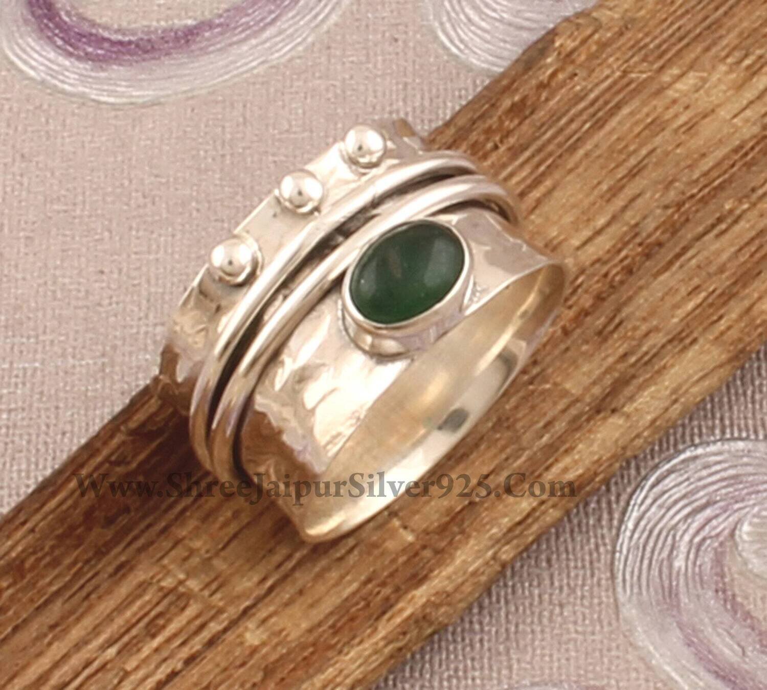 Green Jade Solid 925 Sterling Silver Spinner Ring For Women, Handmade Oval Jade Meditation Wedding Ring Boho Worry Anxiety Ring Gift For Her