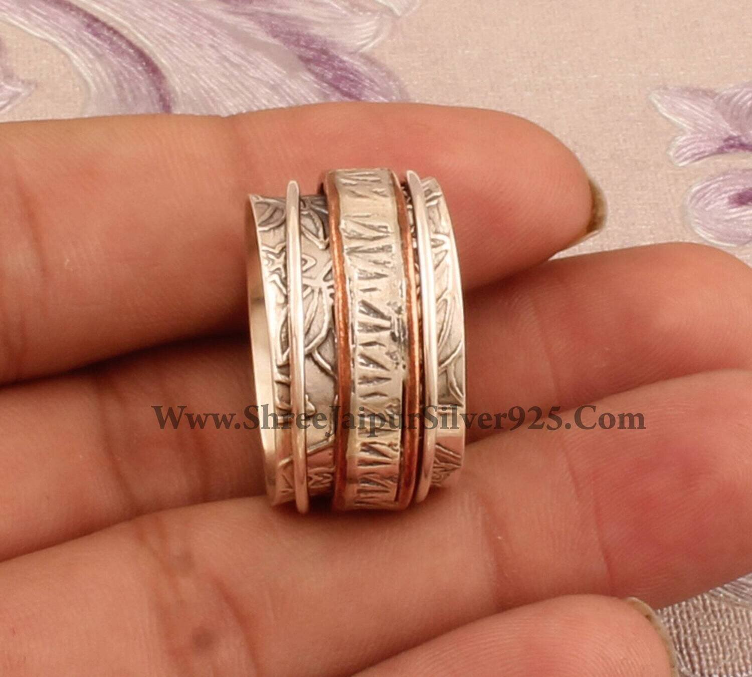 Textured 925 Sterling Silver Carved Band Spinner Ring For Women, Handmade Two Tone Meditation Ring For Her, Anxiety Ring Bridesmaid Jewelry