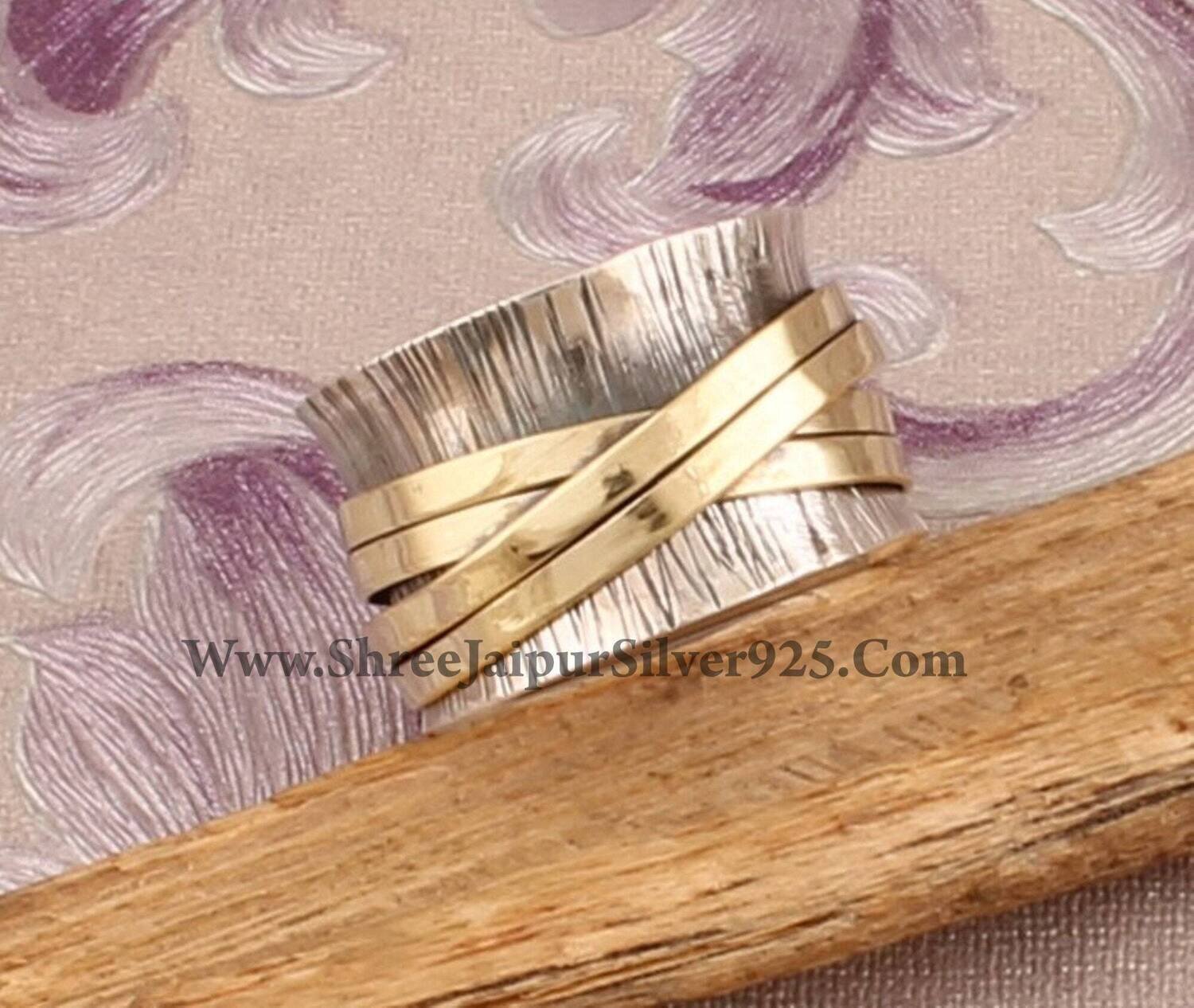 925 Sterling Silver &amp; Brass Designer Textured Spinner Ring, Handmade Two Tone Boho Meditation Ring, Valentine's Day Jewelry, Etsy Cyber 2021