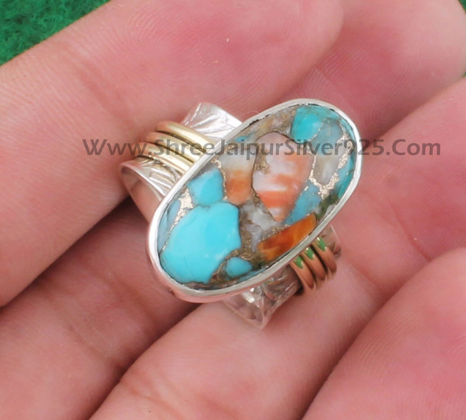 Oyster Copper Turquoise Solid 925 Sterling Silver Spinner Ring For Women, Two Tone Handmade Engraved Band Meditation Ring For Anniversary