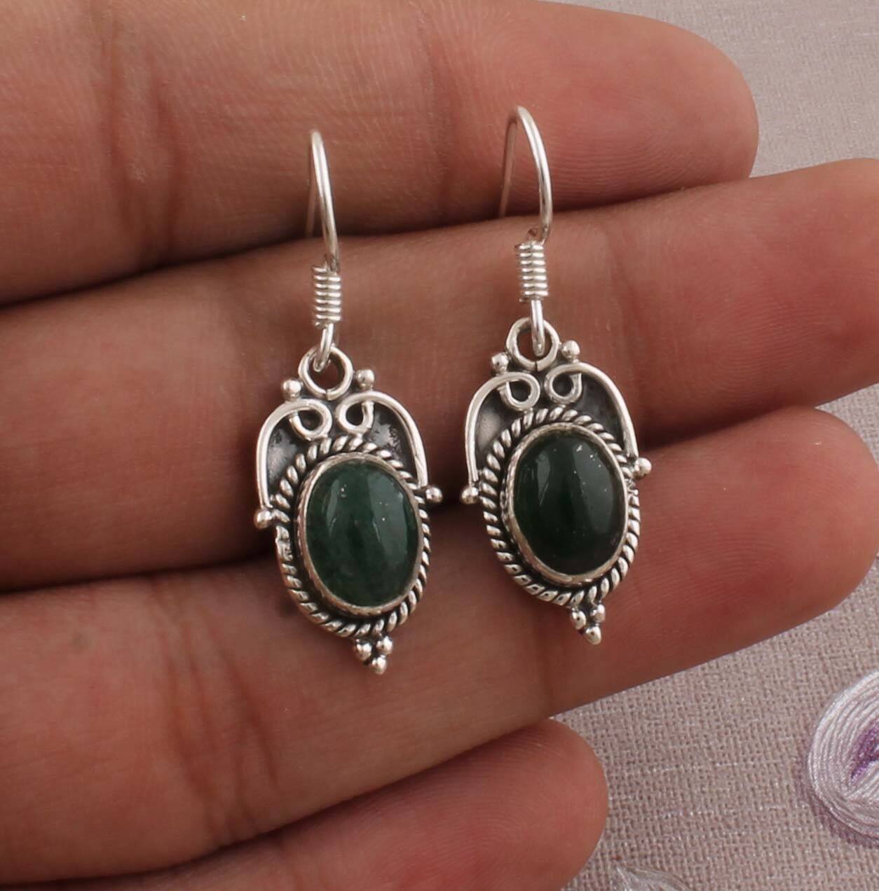 Amazing Green Jade AAA+Quality Gemstone Earring,Oval Cabochon Stone Earring 925-Sterling Silver Earring,Antique Silver Earring Gift For Her