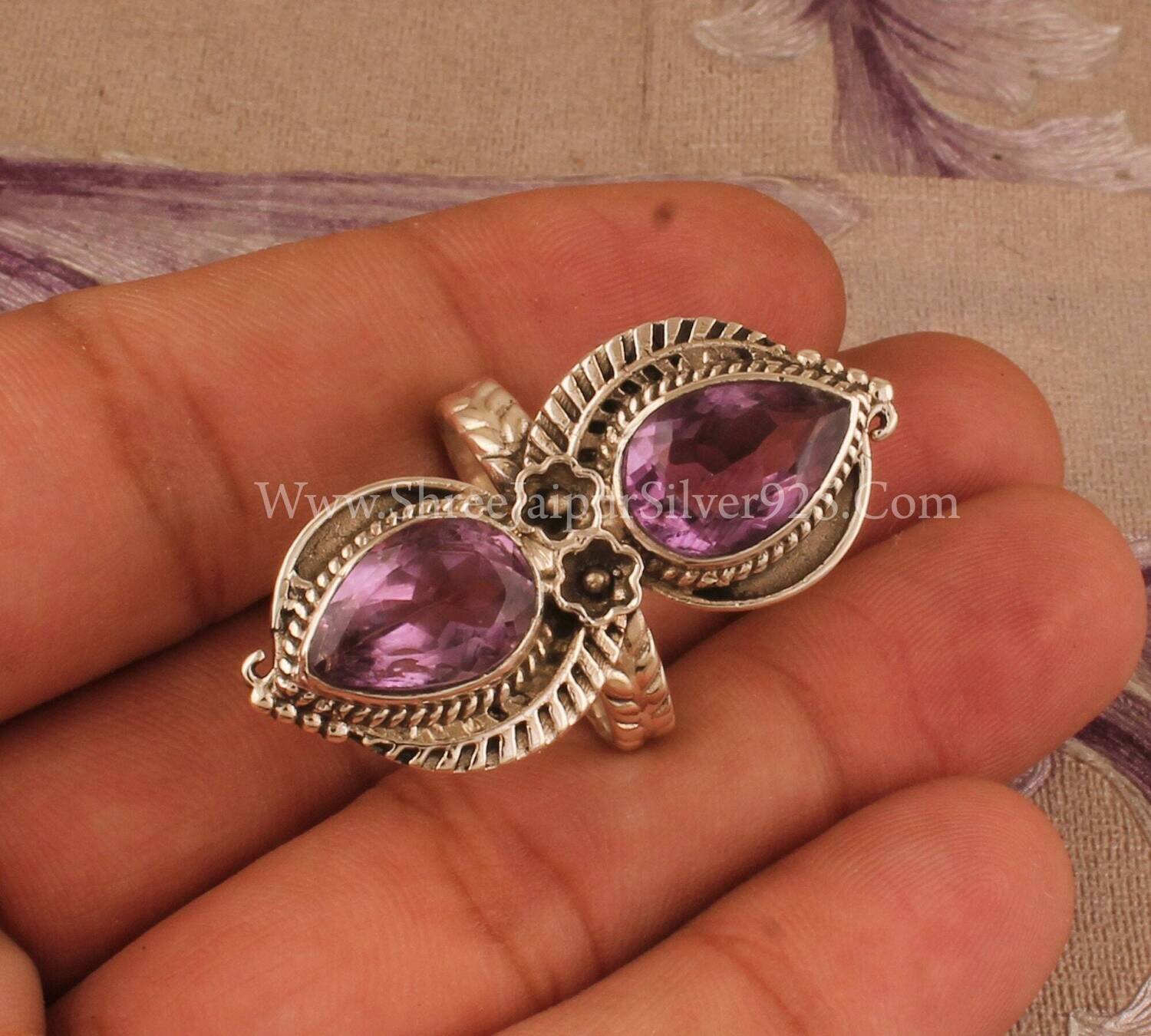 Amethyst Solid 925 Sterling Silver Ring For Women Handmade Engraved Flower Leaves Band Ring For Wedding Anniversary Gift IdeaBirthstone