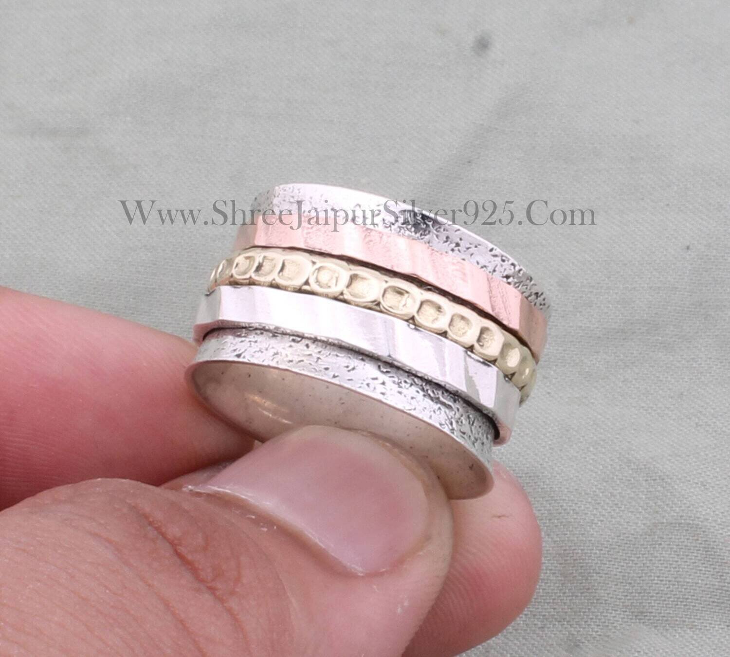 Three Tone Ring 925-Sterling Silver Ring,Spinner Ring,Antique Silver Ring,Brass With  Copper With Silver Spinner Ring Thumb Ring
