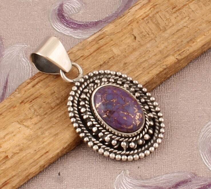 Purple Copper Turquoise Gemstone Necklace Pendant, 925 Sterling Silver Oval Shape Pendant, Antique Silver Pendant, Boho Wedding Jewelry Gift