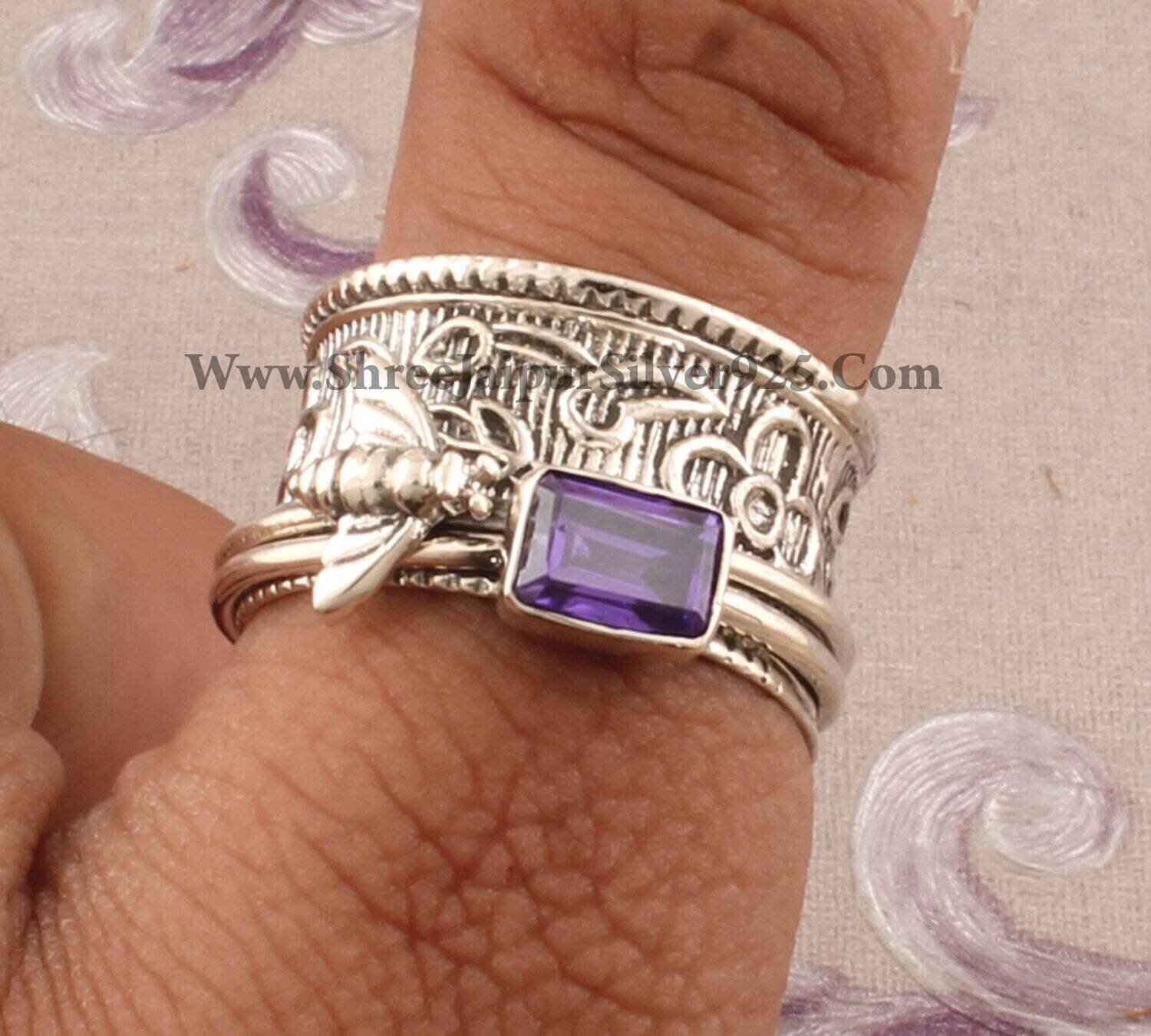 Purple Cubic Zirconia Solid 925 Sterling Silver Spinner Women Ring, Handmade Silver Honey Bee Amethyst Zircon Ring For Wedding Anniversary