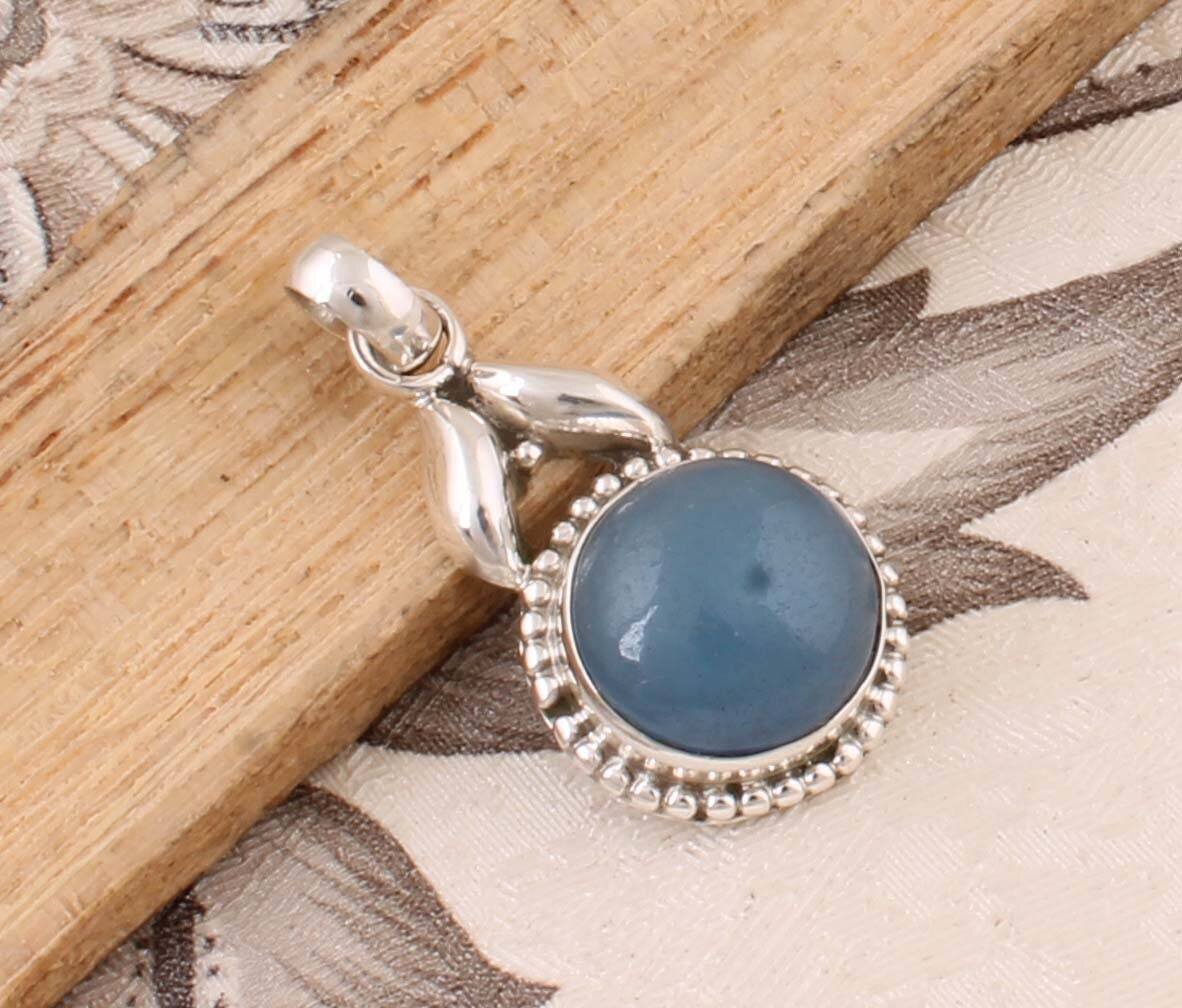 925 Sterling Silver Pendant For Women Blue Jade Pendant Round Handmade Gemstone Silver Jewelry Anniversary Birthday Gifts For MomBirthstone