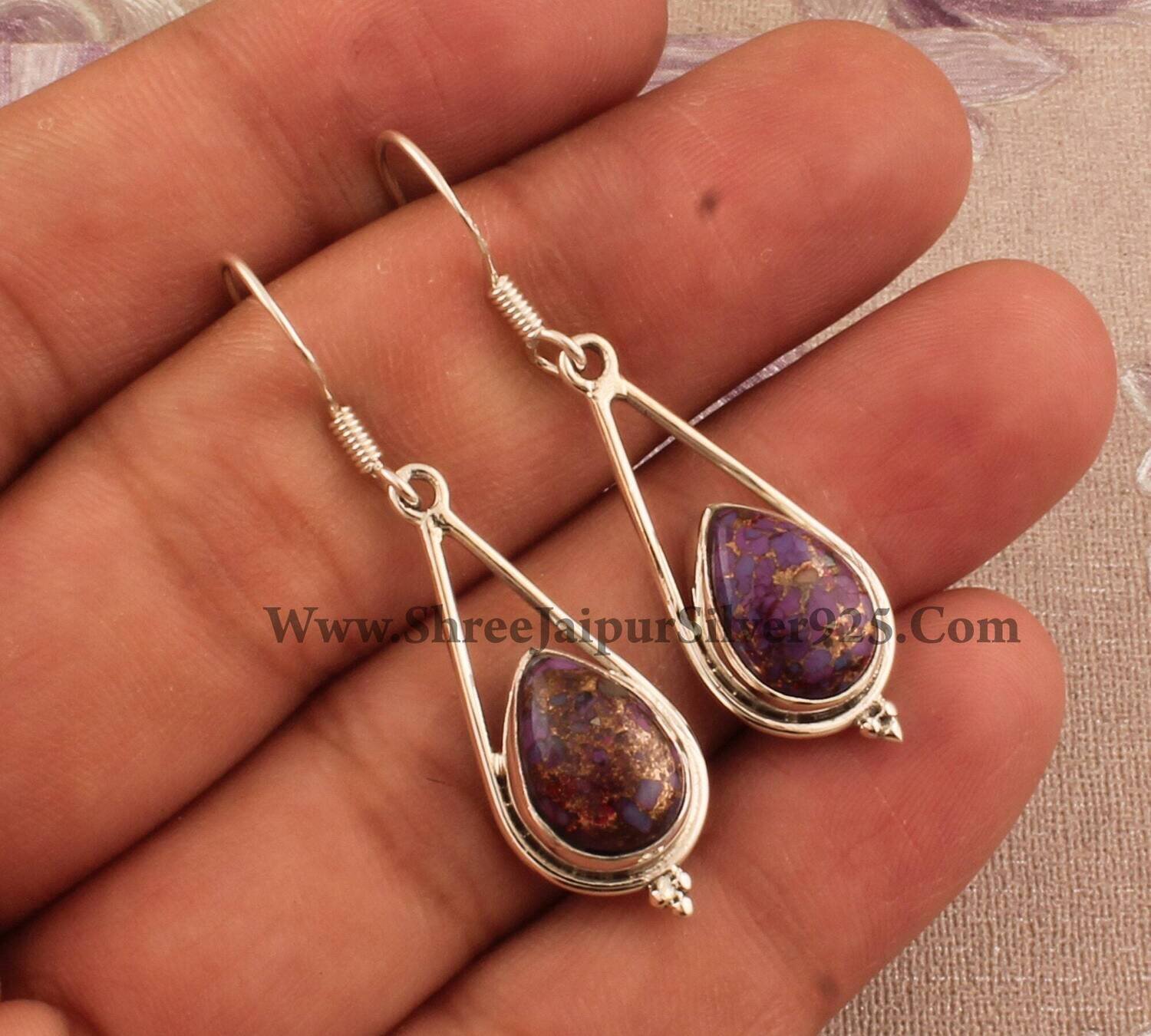 Purple Copper Turquoise Pear Stone Solid 925 Sterling Silver Earrings For Women, Handmade Silver Earrings For Wedding Anniversary Gift Idea