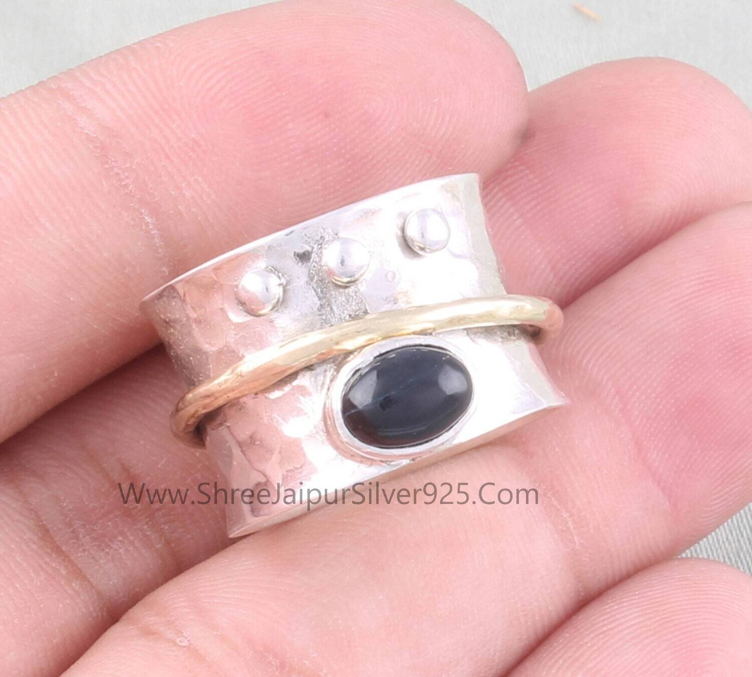 Black Onyx Oval Solid 925 Sterling Silver Spinner Ring For Women, Handmade Hammered Band Two Tone Anxiety Fidget Ring For Anniversary Gifts