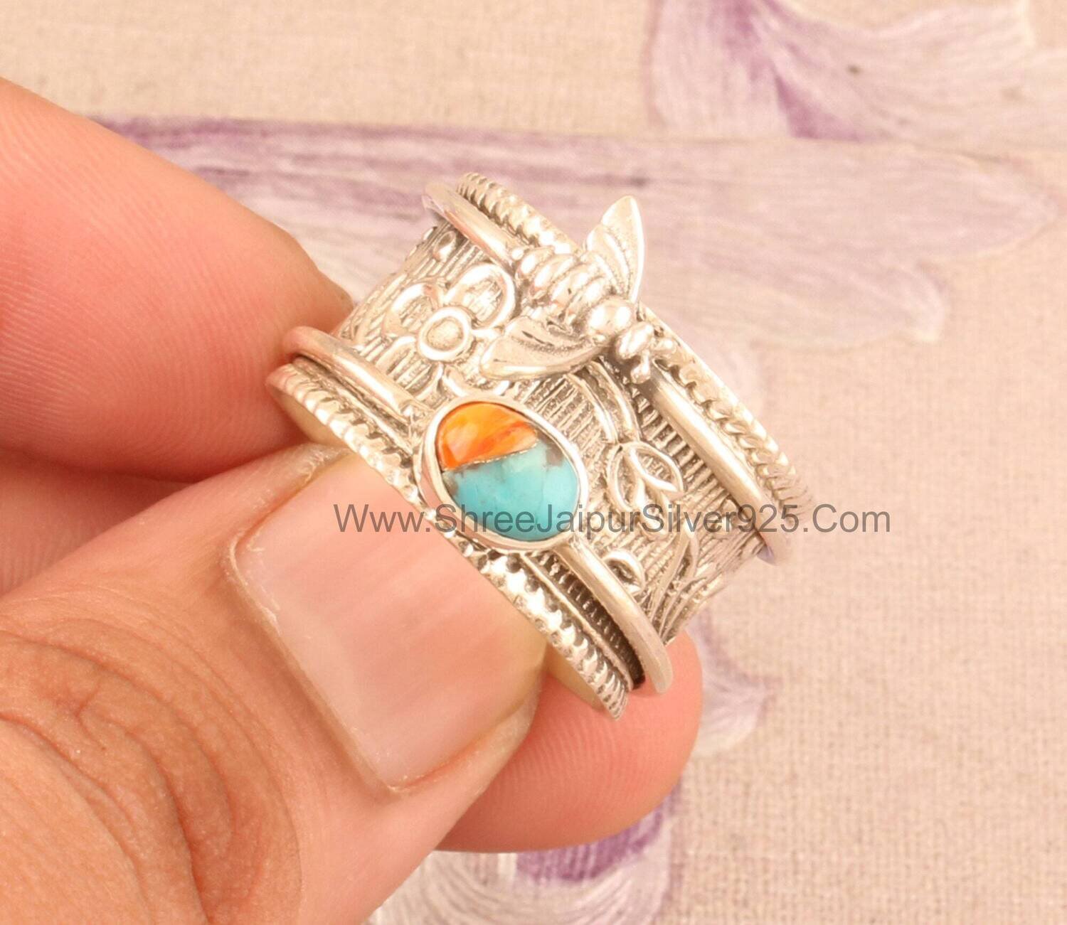 Oyster Copper Turquoise Solid 925 Sterling Silver Spinner Ring For Women, Handmade Silver Honey Bee Turquoise Ring For Wedding Anniversary