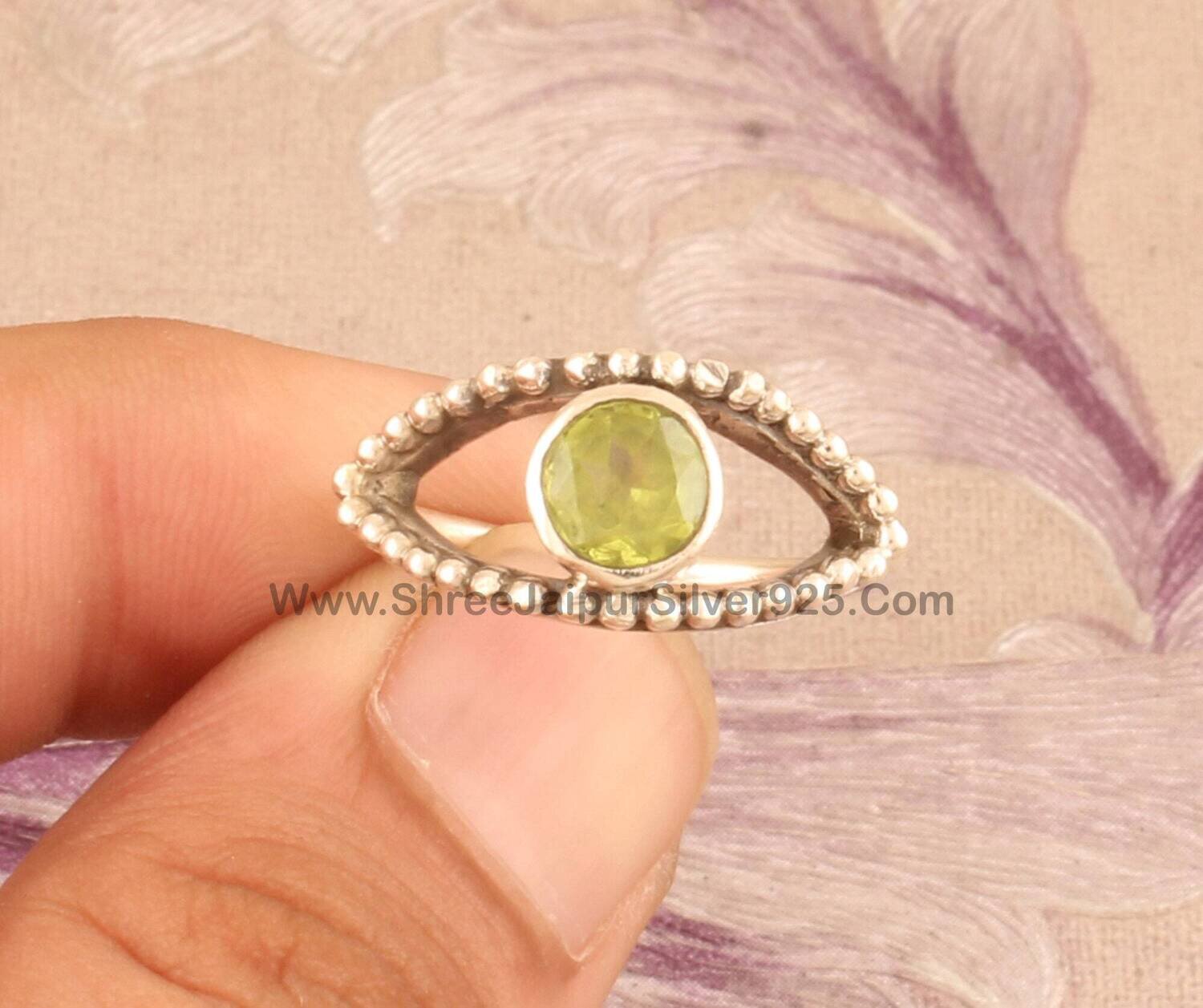 925 Sterling Silver Evil Eye Ring, Natural Peridot Ring, Evil Eye Peridot Ring, Round Cut Gemstone Ring, Designer Handmade Jewelry Gift Idea