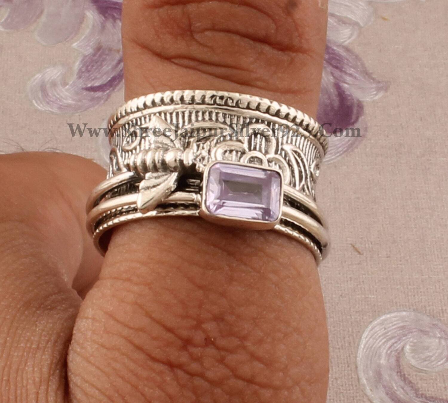 Natural Amethyst Solid 925 Sterling Silver Spinner Women Ring, Handmade Silver Honey Bee Amethyst Ring For Wedding Anniversary Gift Idea