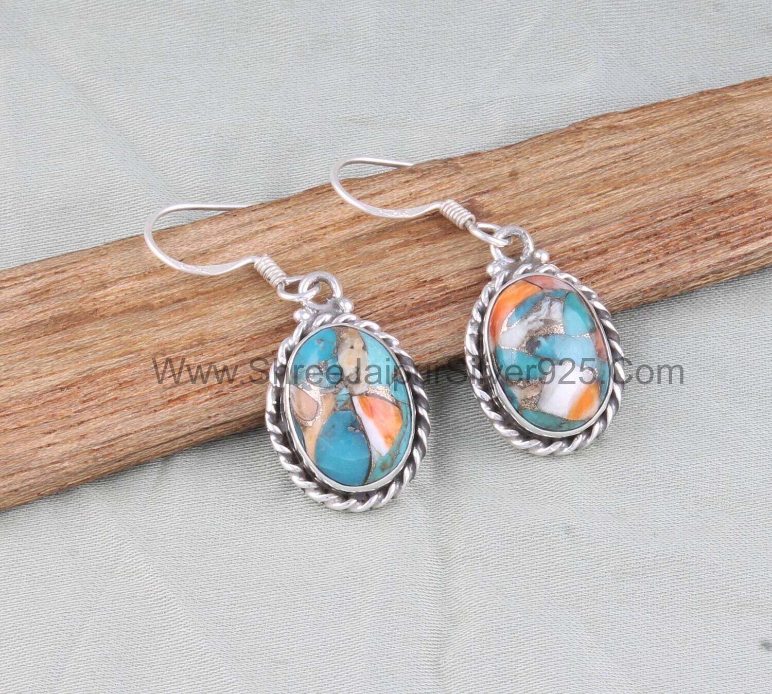 Oyster Copper Turquoise Oval Stone Solid 925 Sterling Silver Earrings For Women, Handmade Boho Silver Earrings For Wedding Anniversary Gift